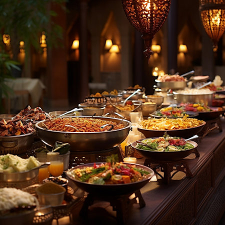 Indulge in a visual feast with this extravagant reception buffet setup showcasing globally-inspired dining stations. Experience a culinary journey around the world, as vibrant decorations and unique serving setups highlight the cultural diversity of delectable international cuisines. From Asian delicacies to European delights, African flavors to dishes from every continent, this image captures the rich variety of flavors and culinary traditions observed worldwide. It evokes a sense of wanderlust, curiosity, and an appreciation for the diverse cultural experiences that food can offer.の素材