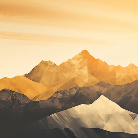 Experience the awe-inspiring beauty of nature with this minimalist artwork titled 'Majestic Peaks: Touching the Sky'. This captivating image portrays breathtaking mountains and valleys, illuminated by warm, golden sunlight. The immense scale and grandeur of the natural landscape evoke a sense of wonder and leave viewers in awe. The serene valleys and towering peaks create a delicate balance, showcasing nature's brilliance at its finest. Perfect for microstock websites, this image is sure to attract attention and resonate with viewers seeking captivating scenes of nature's magnificence.の素材