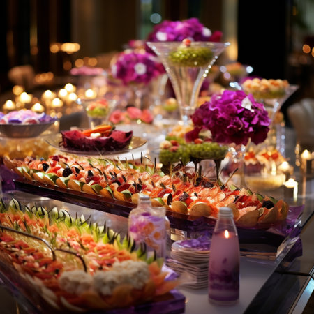 Prepare to be mesmerized by this extravagant reception buffet that showcases culinary creations as visually stunning art pieces. Each dish is meticulously arranged in an artistic manner, resembling elaborate sculptures or paintings. The vibrant and contrasting colors of the array of dishes create a visually striking scene that exudes sophistication and creativity. This fusion of culinary skill and visual aesthetics will leave viewers in awe. The chosen art style highlights the vibrancy of the colors and the fine details of the dishes, while maintaining a realistic representation.の素材