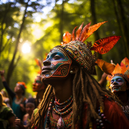 Step into the enchanting world of Pop-Surrealism with this vibrant and surreal image capturing a large group of people dressed in colorful costumes and face paint. They have gathered in a lush forest clearing, surrounded by tall trees, to embark on a mesmerizing ritual. Each person holds a unique object or symbolic item, representing their individuality and embracing the power of unity. As the sun begins to set, this captivating scene blurs the boundaries between different cultures and traditions, celebrating the liberation of non-traditional ceremonies.の素材
