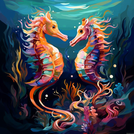 Immerse yourself in the delicate elegance of seahorses with this vibrant and colorful artwork. The seahorses gracefully display their beauty in the coastal shallows, intertwined amidst coral reefs and surrounded by other mesmerizing marine creatures. This eye-catching scene evokes a sense of awe and wonderment, inviting viewers to appreciate the intricate wonders of the underwater world.の素材