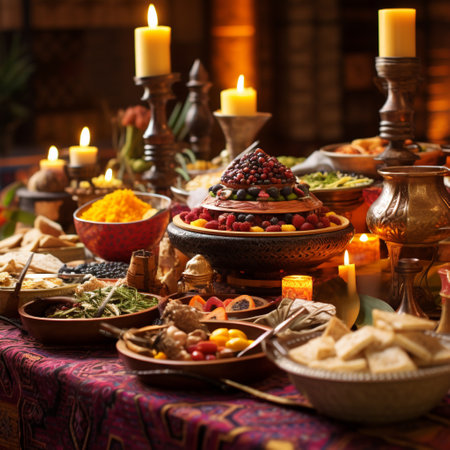 Get ready to embark on a culinary journey with this vibrant banquet table showcasing an assortment of traditional wedding foods from various cultures around the world. The scene is infused with rich colors, textures, and cultural elements that celebrate the diversity of global culinary traditions. The image blends realism with a touch of whimsy, capturing the breathtaking spread of delicious dishes in a visually striking composition. As you explore this image, a sense of anticipation, curiosity, and cultural appreciation will be evoked, enticing you to delve into the fascinating stories behind these nuptial feasts.の素材
