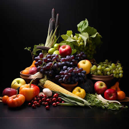 Immerse yourself in the serenity of this mesmerizing still life artwork titled 'Pure Elegance'. It showcases an exquisitely arranged assortment of hand-picked produce, carefully composed to embody the essence of sophistication. The simplicity of nature's bountiful offerings takes center stage, as vibrant colors, gentle textures, and organic shapes come together to create a harmonious visual experience. This artwork seamlessly combines realism with a touch of minimalism, allowing the beauty and elegance of the produce to shine. The serene ambiance captured in this piece is sure to evoke a sense of admiration for the wondrous treasures of the harvest.の素材