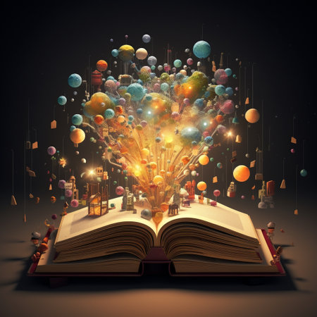 Get inspired with "The Book of Ideas"! This imaginative artwork features an open book serving as the canvas for endless inspiration in the office. The pages of the book transform into thought bubbles, reflecting the boundless flow of ideas. The scene is infused with a touch of playfulness and creativity, all while maintaining a clean and modern art style.の素材