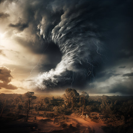 Prepare to be amazed by this image of a whirling tornado in an epic display of nature's power! Depicting the immense strength and destruction of the tornado as it rages across the landscape, this artwork captures the raw energy and intensity of the storm. With its art style that evokes both awe and fear, this image will surely leave you fascinated and in awe of the wonders of nature.の素材