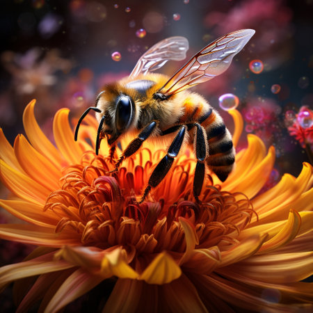Immerse yourself in the mesmerizing world of nature with this artistic representation of a bee pollinating a vibrant flower in extreme close-up. The scene is filled with rich colors, intricate details, and a sense of dynamic energy. The bee is captured mid-flight, its delicate wings frozen in motion as it hovers near the flower, delicately transferring pollen from its furry body to the receptive blossom. The flower radiates with captivating hues, displaying its intricate petals, pistils, and stamens. The overall composition emphasizes the symbiotic relationship between the bee and the flower, showcasing the beauty and importance of this natural process in a visually stunning manner. Bokeh effects have been incorporated to add depth and highlight the focal points, while the image retains a crisp and professional quality suitable for use on microstock sites.の素材