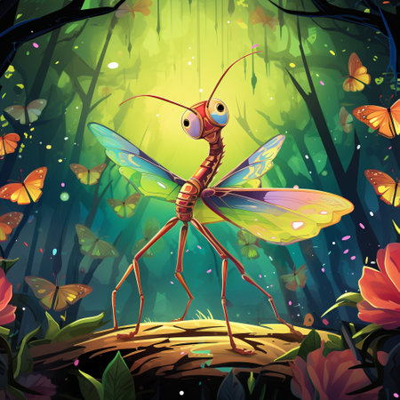 Get ready to be transported into a whimsical and otherworldly world with this vibrant and colorful artwork titled 'Aliens Among Us: A Macro Glimpse Into the World of Praying Mantises'. This illustration captures the fascinating world of praying mantises in a macro setting, but with a twist of otherworldly elements, giving it a sense of mystery and enchantment. The artwork is created in a highly sought-after art style that is perfect for microstock sites.の素材