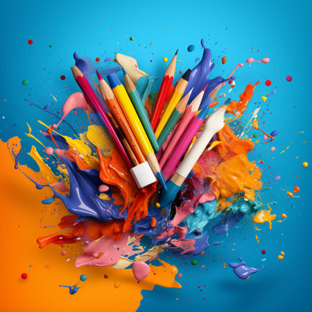 Indulge in the limitless creative potential with this vibrant and captivating scene where a paintbrush is magically transformed into a bold pencil stroke on a blank canvas. The dynamic stroke symbolizes the freedom artists have to explore various mediums, while the surrounding array of colorful stationery and office supplies adds an extra touch of creativity. The modern and minimalist art style, with its clean lines and bright contrasting colors, creates a visually striking image that evokes a sense of wonder, inspiration, and creative expression.の素材
