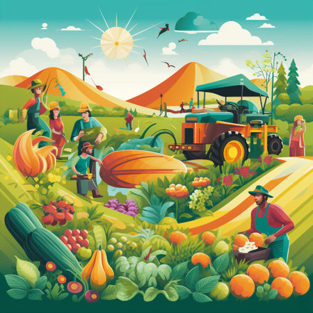 Immerse yourself in this vibrant and lively illustration showcasing farmers engaged in various tasks on a bountiful farm. In this colorful artwork, a diverse group of farmers can be seen working harmoniously with nature to harvest the abundance of crops. The illustration features farmers tending to fields of vibrant vegetables, feeding farm animals, operating machinery, and embracing sustainable farming practices. Each element in the image evokes a sense of productivity, community, and the beauty of nature's gifts.の素材