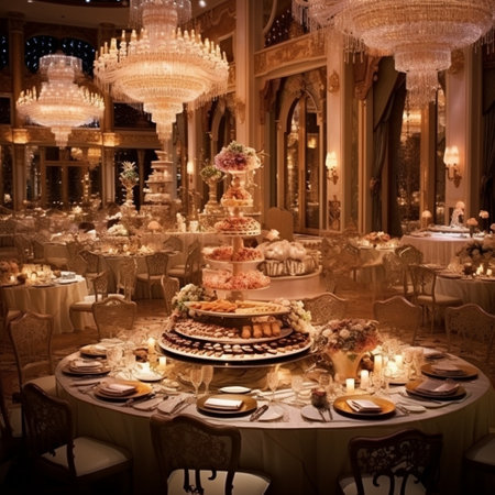 Immerse yourself in a culinary wonderland with this image capturing an extravagant dining setup in a grand reception buffet. The scene showcases a long table adorned with a crisp white tablecloth and an impressive array of meticulously arranged gourmet dishes. Surrounding the table are opulent crystal chandeliers, casting an enchanting glow. The essence of luxury and sophistication permeates the atmosphere as guests indulge in the lavish feast, with champagne glasses clinking in celebration. Every element, from the fine cuisine to the elegant decor, contributes to the overall sense of grandeur and refinement.の素材
