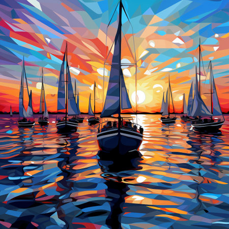 Get ready to be mesmerized by this eye-catching image in the vibrant digital pop art style. Titled 'Oceanic Overture', this image showcases a picturesque marina scene with a fleet of boats elegantly gliding across the water in a synchronized dance. The boats, in various shapes, sizes, and colors, are arranged in a visually captivating formation, creating an enchanting choreography. The surrounding ocean waters shimmer with a vivid palette of blues, conveying a sense of tranquility and depth. This image is designed to captivate viewers with its vivid colors, dynamic composition, and the whimsical beauty of the scene.の素材