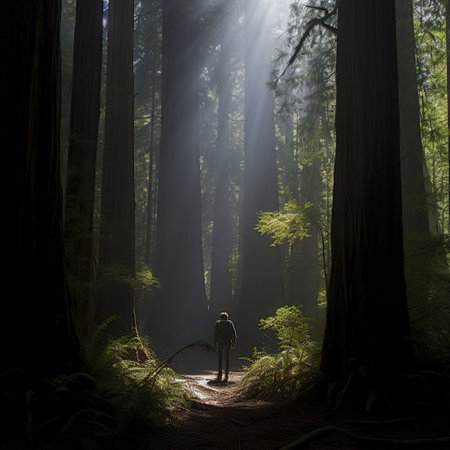 Immerse yourself in the magnificent beauty of nature with this captivating image titled 'Shadows of the Giants'. A lone figure stands in awe, silhouetted against the backdrop of towering redwood trees. The dramatic interplay of shadows cast by the majestic trees creates a sense of wonder and admiration. The person is positioned in a way that highlights both the grandeur of the forest and their smallness in comparison, emphasizing the vastness of the natural world. Experimenting with lighting effects, the soft glow of sunlight peering through the dense forest canopy adds to the atmosphere of serenity and adventure. This image evokes a feeling of tranquility and the awe-inspiring allure of nature's magnificence.の素材