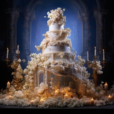 Get ready to be enchanted by the whimsical centerpiece of celebration in this visually stunning image titled 'Playful Elegance: A Multi-tiered Cake Celebration'. A multi-tiered wedding cake takes center stage, adorned with cascading vibrant flowers, delicate lace patterns, and intricate fondant details. The cake features a playful twist with charming miniatures of a bride and groom figurine couple, surrounded by a whimsical scene of dancing sugar fairies or floating lanterns. The colors are elegant yet lively, with hints of pastel pinks, mint greens, and soft lavenders. This watercolor painting captures the perfect balance of sophistication and joy, radiating a sense of celebration and happiness. This image is sure to inspire viewers seeking inspiration for joyful occasions and elegant celebrations.の素材