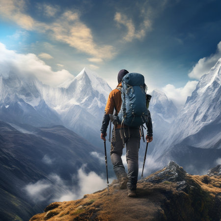 Experience the thrill of conquering a challenging mountain ridge with this dynamic image. The hiker, with a determined expression on their face, is showcased against a breathtaking backdrop of the surrounding landscape. Dressed in hiking gear and armed with trekking poles, they navigate through rocky terrain, with magnificent peaks and lush forests in the distance. This image captures the excitement and adventure of hiking, leaving viewers inspired to embark on their own outdoor explorations.の素材