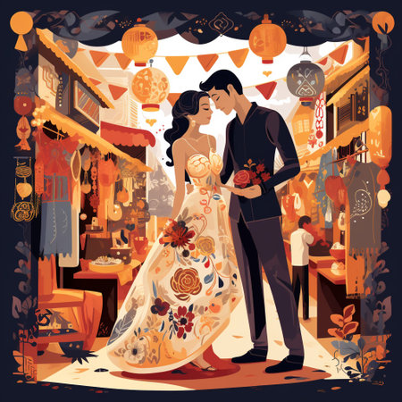 Step into a mesmerizing scene where love and diversity unite in a joyous fusion. In the center of a bustling marketplace, a couple stands, surrounded by a tapestry of vibrant colors, diverse cultures, and intriguing symbols. They are in the midst of a non-traditional ceremony, weaving together elements from various cultures and alternative rituals to create a truly unique celebration. This illustration captures the essence of this enchanting moment, where love knows no boundaries and cultures come together in harmony. The art style is colorful, eye-catching, and suitable for microstock sites.の素材