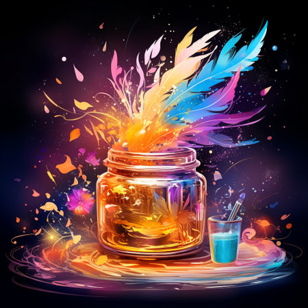 Immerse yourself in the captivating world of creativity with 'The Inkwell of Inspiration'! This eye-catching image showcases a magnificently detailed crystal inkwell, radiating a subtle yet enchanting glow. Overflowing with a vibrant array of colorful ink, it serves as a powerful symbol of the boundless wellspring of ideas and inspiration found within the written word. Surrounding the inkwell are scattered quills, notebooks, and other stationery supplies, each exuding an aura of inspiration and sparking the imagination.の素材