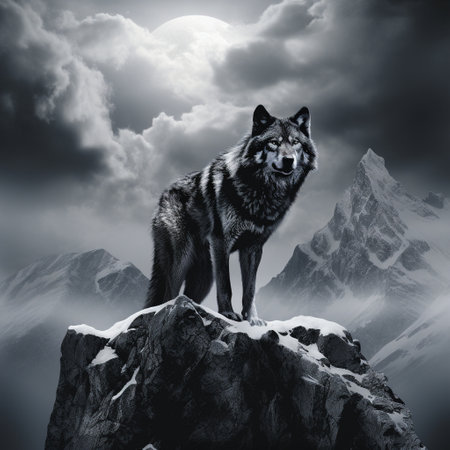 Get ready to be captivated by the hyper-realistic artwork titled 'Majestic Monochrome.' This stunning piece depicts a lone wolf standing atop a snow-covered mountain peak, silhouetted against a moonlit sky. With its regal power and stoic strength, the wolf exudes an aura that commands awe and respect. The intricate rendering of the wolf's fur in various shades of gray, black, and white adds depth and realism to the artwork. The surrounding landscape, with its beautifully bleak midnight blue snow and fading jagged mountain peaks, creates a sense of vastness and solitude. 'Majestic Monochrome' evokes a feeling of majesty, capturing the monochromatic beauty found in nature.の素材