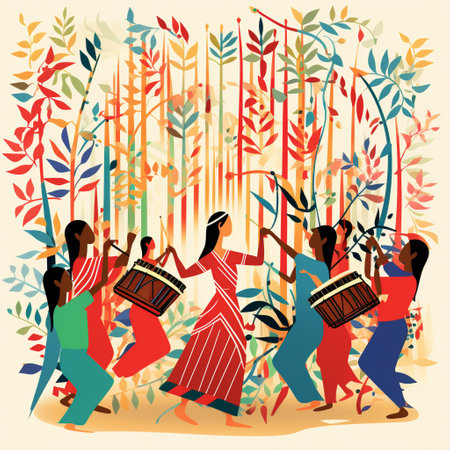 Experience the captivating beauty of Filipino culture with this hand-drawn illustration showcasing the vibrant dance of the Bamboo and the enchanting sound of the traditional Angklung. The image captures a sense of cultural celebration, with dancers gracefully moving to the rhythm of the musical instrument. The scene depicts a lively festival, highlighting the intricate details of the bamboo reeds, colorful costumes, and joyful expressions of the performers.の素材