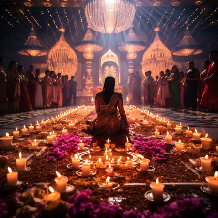 Experience the captivating essence of spirituality and devotion with this vibrant and diverse religious ceremony. This image combines elements from different religious traditions such as Christian, Hindu, Muslim, Jewish, and more, in a mesmerizing interplay of light and color. The bright and lively colors are carefully chosen to ensure cultural sensitivity and respect for the significance of each tradition. Architectural details, symbolic objects, and people engaged in worship, celebration, or contemplation create a rich tapestry of faith. At the center, a radiant flame represents the everlasting light of faith, offering hope, inspiration, and unity. This powerful image is designed to evoke a profound emotional response and resonate with viewers from various cultures and backgrounds.の素材