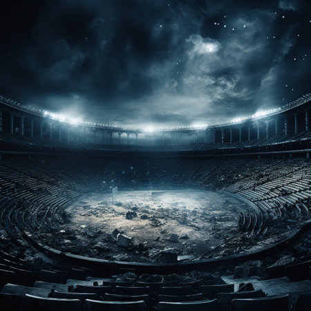 Step into the fascinating world of 'Ghostly Arenas: Stories Waiting to Be Told' with this vibrant and dynamic artwork. Using a popular art style commonly found on microstock sites, this image showcases an empty stadium or arena infused with an eerie and haunting atmosphere. Through the artist's interpretation, a sense of mystery and anticipation pervades the abandoned space, evoking curiosity, nostalgia, and a touch of supernatural allure. Viewers are invited to let their imagination run wild as they ponder the untold stories that once unfolded within these ghostly walls.の素材