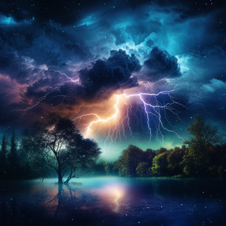 Experience the power and beauty of nature with this mesmerizing image of a lightning storm at night. The vibrant colors and dynamic lighting capture the awe-inspiring movements of the lightning bolts as they illuminate the lush natural landscape. The scene combines realism with a touch of fantasy, evoking a sense of wonder and enchantment. Prepare to be captivated by the graceful dance of the lightning streaks and feel the electricity in the air.の素材