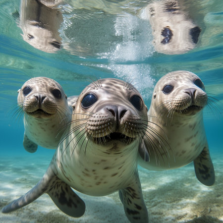 Witness the pure joy and boundless energy of a group of adorable seals as they playfully tumble in the crystal-clear turquoise waters along the coastal shoreline. Watch in awe as these sleek creatures twist and turn with exuberance, elegantly breaking the surface of the ocean. Surrounded by vibrant underwater plant life, showcasing the diversity and richness of marine flora, this scene is a captivating display of nature's beauty. The art style combines photo-realistic qualities with a whimsical touch, featuring vibrant, eye-catching colors that emphasize the playful nature of the seals.の素材