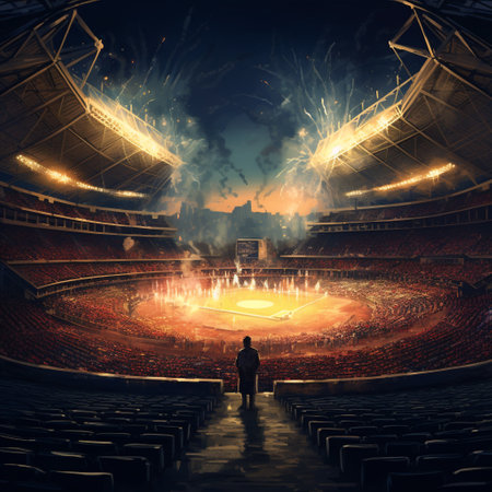 Step into the captivating world of 'Unheard Cheers: The Resonance of Untold Stories' with this artistic depiction of an empty stadium or arena. Through a unique art style that captures the essence of nostalgia, stillness, and mystery, this image uncovers the untold stories hidden within the silent walls of the venue. Dive into the emotions of the unseen spectators, the echoes of countless cheers, and the enigmatic ambiance that pervades this captivating scene.の素材