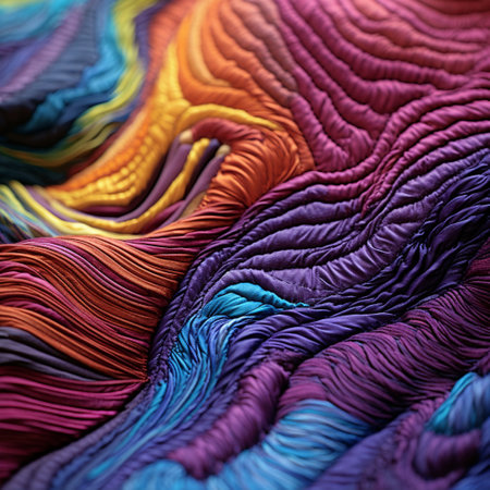Behold the vibrant macro shot of an intricate fabric texture, inviting you to explore the mesmerizing interplay of colors, patterns, and intricate details. This enchanting image showcases the captivating world of tapestry, with its bold hues, deep contrasts, and delicate textures. Immerse yourself in the ancient craft as you admire the fine threads, exquisite weaves, and the astounding symphony of colors that dance within The Tapestry's Embrace.の素材
