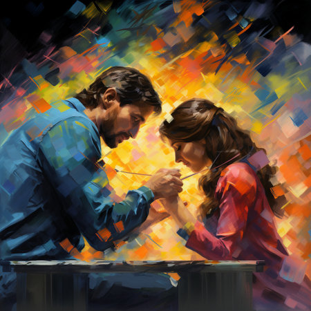 Immerse yourself in a world of love and creativity with this captivating image of a couple passionately engaged in a painting workshop. Surrounded by a vibrant array of colors and brushes, they capture the essence of their love and creativity. The couple lovingly gazes into each other's eyes as they delicately apply their paintbrushes to the canvas, creating a masterpiece together. The art style of the image is a blend of impressionism and modern abstraction, with bold and expressive strokes, and a harmonious color palette.の素材