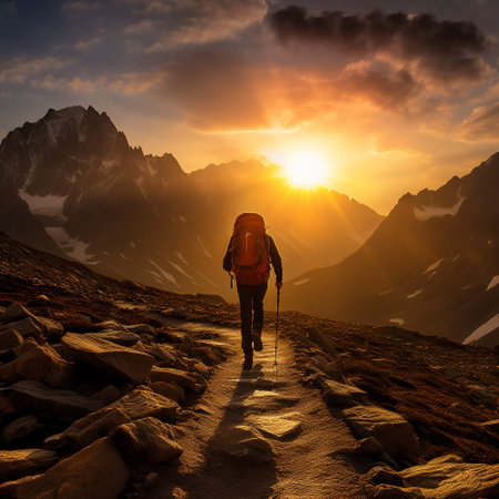 Embark on a visual journey with this striking image titled 'Lone Wanderer: The Shadow of a Hiker Against a Majestic Mountain Range'. The image captures the essence of solitude and grandeur, showcasing a lone hiker's silhouette cast upon a picturesque mountain range as the sun sets behind them. The hiker's figure, prominently featured, displays determination and adventure while hinting at the unknown path ahead. The awe-inspiring majesty of the mountain range stretches across the horizon, with its peaks bathed in warm hues of oranges and purples. The dynamic play of light and shadows evokes a sense of contemplation, inspiring viewers to embrace the beauty of nature and the unique journey of the lone wanderer. The chosen art style emphasizes the dramatic interplay of shadows and incorporates vibrant colors, creating a visually captivating image that will seize the attention of microstock sites.の素材