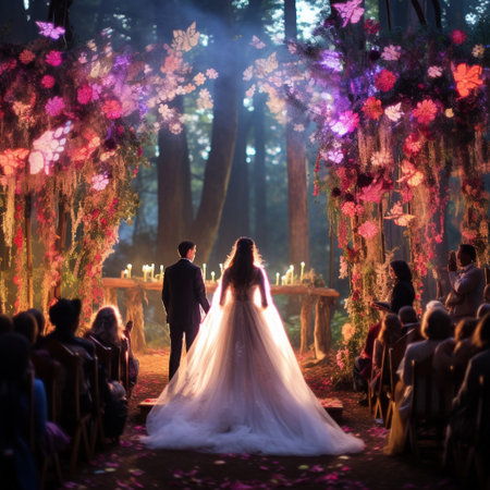 Step into the enchanting world of a non-traditional wedding ceremony set in a mystical forest. The bride and groom are adorned in vibrant, flowing attire, surrounded by curious woodland creatures serving as their witnesses. The couple stands beneath a shimmering veil that emanates an otherworldly glow, adding an ethereal touch to the scene. The forest is filled with lush flora, ethereal lighting, and sparkling details, creating a magical atmosphere. This image captivates the eye with its vibrant colors and fantastical elements, showcasing the unique and mystical nature of this non-traditional wedding ceremony.の素材