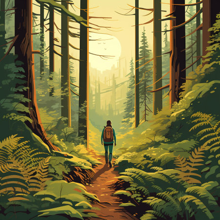 Embark on a journey of adventure and discovery with this vibrant illustration in the style of flat design. Follow the hiker as they wander through a dense forest, surrounded by towering trees, lush ferns, and wildflowers. Rays of sunlight pierce through the canopy above, illuminating the path aheadの素材
