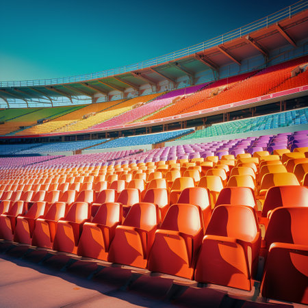 Immerse yourself in the unique ambiance and grandeur of an empty stadium or arena with this colorful and vibrant art-style image. This captivating depiction showcases the juxtaposition between the immense size of the space and the intimate moments it can offer. The image conveys a sense of tranquility, drawing attention to the empty seats, the vastness of the playing field, and the intricate architectural details of the venue. With its absence of specific logos or trademarks, this image is perfect for commercial use on microstock sites.の素材