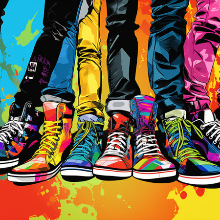 Get ready to take a step into the future with this vibrant and eye-catching image in a pop art style. Titled 'Sole Revolution: Shoes that Redefine Fashion', this image showcases a revolutionary collection of shoes that are set to make a dramatic shift in the world of footwear fashion. The image features a diverse group of individuals confidently strutting their unique shoes down a fashion runway, symbolizing the breaking of traditional norms and embracing individuality. Each shoe possesses imaginative and unconventional designs, captivating the viewer's attention with their bold and innovative styles. The colors used in the image are bright and electrifying, creating a visually striking and dynamic composition. The prominent display of the title with bold and dynamic typography adds to the overall impact of the image, attracting viewers and sparking their curiosity. This visual narrative aims to evoke excitement, awe, and an urge to explore the possibilities of fashion.の素材