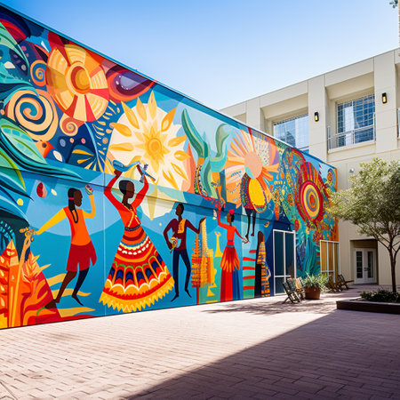 Immerse yourself in the captivating world of The Mosaic Melody, a large-scale street mural that harmonizes diverse cultural elements into a beautiful musical composition. This eye-catching artwork tells a story through a mosaic of vibrant colors, mesmerizing patterns, and intricate musical motifs. As you explore the mural, you'll discover elements from various cultures seamlessly merged together - traditional instruments, dance forms, iconic landmarks, and cultural symbols, all intertwined with musical notes and melodies. The Mosaic Melody radiates unity, celebration, and joy, inviting viewers to appreciate the richness of our diverse world and sparking conversations about cultural diversity, music, and the importance of harmony in our communities.の素材