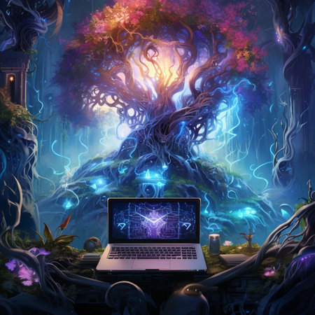 Imagine an enchanting scene where advanced technology intertwines with magical elements, creating a mesmerizing fusion of innovation and sorcery. In this imaginative artwork, conjure a diverse range of technological gadgets that embody various enchantments and mystical properties. Let your creativity soar as you envision a composition that captivates viewers with the seamless blending of technology and magical elements. From smartphones ensnared in ethereal vines to laptops adorned with glowing runes, the possibilities are boundless. The art style can be a vibrant blend of fantasy and futuristic aesthetics, enhancing the whimsical yet cutting-edge theme of this artwork. This mesmerizing image will surely evoke a wide range of reactions, from awe and wonder to fascination and curiosity.の素材