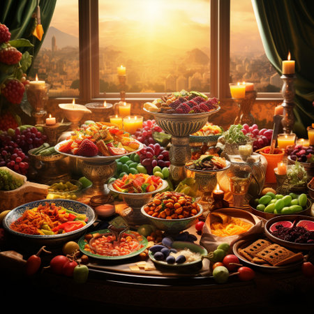 Get ready to embark on a culinary journey with this vibrant banquet table showcasing an assortment of traditional wedding foods from various cultures around the world. The scene is infused with rich colors, textures, and cultural elements that celebrate the diversity of global culinary traditions. The image blends realism with a touch of whimsy, capturing the breathtaking spread of delicious dishes in a visually striking composition. As you explore this image, a sense of anticipation, curiosity, and cultural appreciation will be evoked, enticing you to delve into the fascinating stories behind these nuptial feasts.の素材