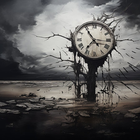 Immerse yourself in the captivating world of 'Textures of Time', an artwork that explores the essence of passing time through a mesmerizing blend of monochromatic textures. In this surreal landscape, elements such as flowing water, weathered stones, aged tree trunks, and crumbling architecture seamlessly merge together, creating a scene that evokes a sense of both awe and nostalgia. The use of shades of grey and black adds depth and mystery to the image, inviting contemplation and curiosity. Get lost in the emotions that this artwork evokes, ranging from awe and nostalgia to contemplation and curiosity. Let the textures of time transport you to a world where past and present beautifully collide.の素材