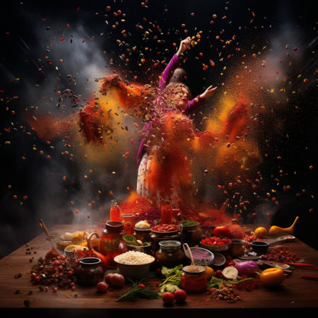 Indulge your senses with the vibrant and captivating scene of Aromatic Medley: Spices Dancing in the Air. This mesmerizing composition brings to life an enchanting assortment of raw ingredients and spices, seemingly dancing in the air. The spices intertwine and float gracefully, creating a sense of movement and energy that will captivate viewers. With a vivid and lively art style, this image showcases rich colors, intricate details, and dynamic shapes, forming a visual spectacle that sparks a multitude of reactions.の素材