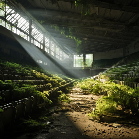 Immerse yourself in a dream-like image reminiscent of a forgotten era, where elements of fantasy and reality merge in a stadium or arena devoid of spectators. Experience a profound sense of solitude and nostalgia as you witness the scene titled 'Unpeopled Reverie: Where Legends Once Converged'. Overgrown vegetation weaves through the cracks of decaying infrastructure, reclaiming the once bustling field. The fading sunlight casts elongated shadows, hinting at the stories and triumphs that unfolded within these hallowed grounds. The art style chosen for this depiction invites contemplation and stirs emotions, inspiring viewers to reflect on the passage of time and the fleeting nature of human achievements.の素材