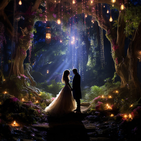 Step into the enchanting world of a non-traditional wedding ceremony set in a mystical forest. The bride and groom are adorned in vibrant, flowing attire, surrounded by curious woodland creatures serving as their witnesses. The couple stands beneath a shimmering veil that emanates an otherworldly glow, adding an ethereal touch to the scene. The forest is filled with lush flora, ethereal lighting, and sparkling details, creating a magical atmosphere. This image captivates the eye with its vibrant colors and fantastical elements, showcasing the unique and mystical nature of this non-traditional wedding ceremony.の素材