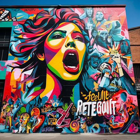 Immerse yourself in the vibrant world of street art with this captivating mural titled 'The Abstract Revolution'. This eye-catching piece breaks free from traditional shapes and embraces unconventional expression, capturing the essence of rebellion and creativity. Featuring bold colors, dynamic patterns, and an array of artistic techniques, this mural conveys a universal language of freedom and unconventional thinking. It incorporates elements such as graffiti-style lettering, surreal imagery, and symbolic representations of social movements, making it a truly impactful and thought-provoking artwork. Let your imagination run wild and experience the power of art to evoke strong reactions and resonate with art enthusiasts worldwide.の素材