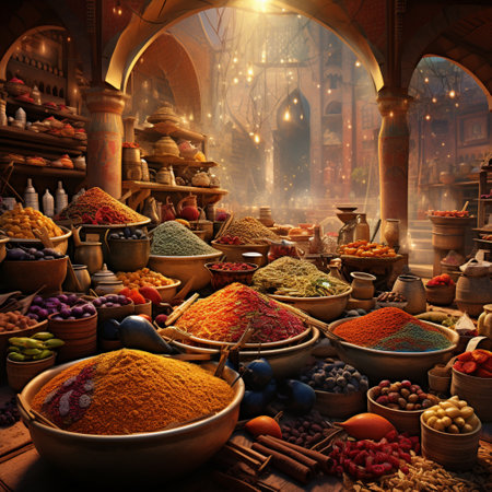 Immerse yourself in the lively atmosphere of this bustling spice market, bursting with vibrant colors, diverse spice stalls, and intriguing aromas. This scene captures the essence of exotic flavors, showcasing an array of raw ingredients and spices that transport the viewer to a world of culinary exploration. The art style is visually captivating and has a commercial appeal suitable for microstock sites.の素材
