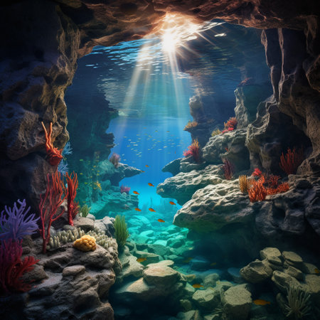 Take a deep dive into the hidden world of coastal crevices with Rocky Hideaway! This stunning image captures the surprising marine life that thrives in the rocky nooks and crannies along the shoreline. From colorful sea anemones and starfish to tiny fish and crustaceans, these crevices are a haven for biodiversity.の素材