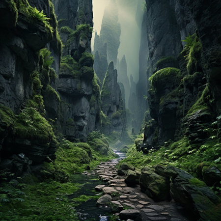 Embark on a visually captivating journey through a mystical hiking trail surrounded by extraordinary gorges. Immerse yourself in the awe-inspiring beauty of towering rock formations, vibrant mosses, and luscious greenery. Experience the thrill of exploring the unknown depths of nature's illustrious marvels.の素材