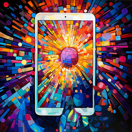 Immerse yourself in the captivating world of technology with this extraordinary artwork titled 'Gadget Mosaic'. This vibrant mosaic art piece is composed entirely of smartphones and tablets, carefully arranged to showcase the profound impact of these devices on our daily lives. Inspired by the pop art movement, the artwork features bold lines, vibrant colors, and captivating patterns. Without logos, the mosaic highlights the devices themselves as symbols of the modern world. Each device interacts with one another, forming a dynamic tableau that reflects the interconnectedness of technology and society. Get ready to explore a mesmerizing rendition of how smartphones and tablets have become an integral part of our lives.の素材