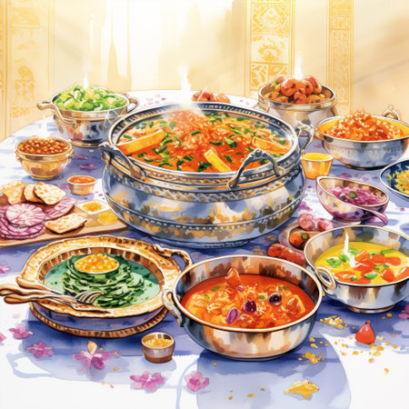 Get a taste of wedding traditions from around the world with this vibrant collage of traditional wedding dishes! This image showcases an extravagant table filled with appetizing cuisines, each representing a different culture's unique wedding traditions. The visual elements highlight the cultural significance and uniqueness of each dish, inviting viewers to explore the diversity and richness of global culinary heritage. Created using a highly detailed watercolor art style, this image is sure to catch the attention of viewers and attract potential buyers on microstock sites. With its mouthwatering appeal, it will spark a wave of reactions and cravings from people around the world.の素材