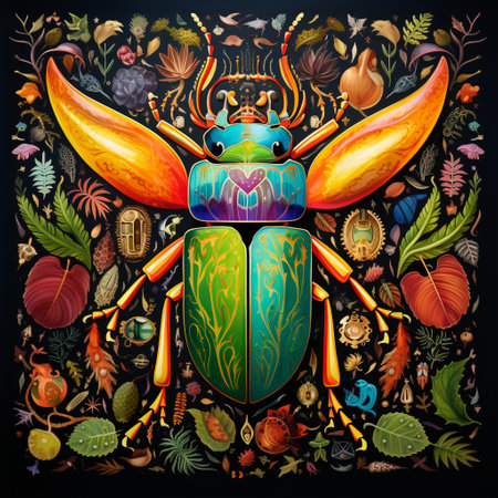 Immerse yourself in the fascinating world of beetles with this mesmerizing illustration that showcases their extraordinary adaptations in the macro world. The vibrant collage of beetles in this artwork highlights their distinct shapes, colors, and intricate patterns, inviting viewers to appreciate the diversity and complexity found within the insect kingdom. Created in a sophisticated art style that balances realism and artistic interpretation, this illustration captivates with its attention to detail, allowing viewers to explore the intricate beauty of these remarkable creatures.の素材
