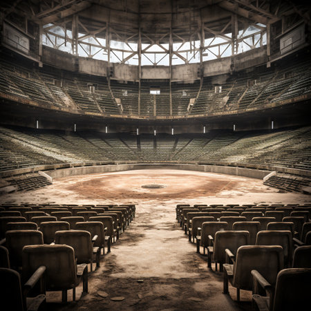 Embark on a journey through time with this captivating image titled 'Whispers of the Past: Spectators Lost in Time'. In this realistic art style depiction, an empty stadium or arena from the past takes center stage, evoking a strong sense of nostalgia and mystery. Every detail has been carefully crafted to capture the ambiance of a forgotten era, where whispers of the past echo through the empty seats. Faded signage, cracked concrete, and overgrown vegetation contribute to the atmosphere, transporting viewers to a time when this venue was alive with vibrant crowds and incredible moments. Immerse yourself in this image and let time stand still as you ponder the stories and memories that are held within the forgotten walls.の素材