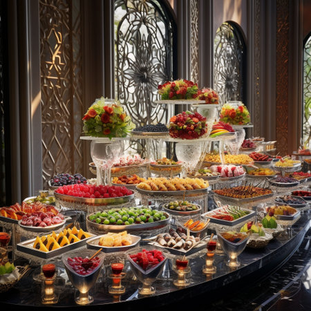 Prepare to be mesmerized by this extravagant reception buffet that showcases culinary creations as visually stunning art pieces. Each dish is meticulously arranged in an artistic manner, resembling elaborate sculptures or paintings. The vibrant and contrasting colors of the array of dishes create a visually striking scene that exudes sophistication and creativity. This fusion of culinary skill and visual aesthetics will leave viewers in awe. The chosen art style highlights the vibrancy of the colors and the fine details of the dishes, while maintaining a realistic representation.の素材